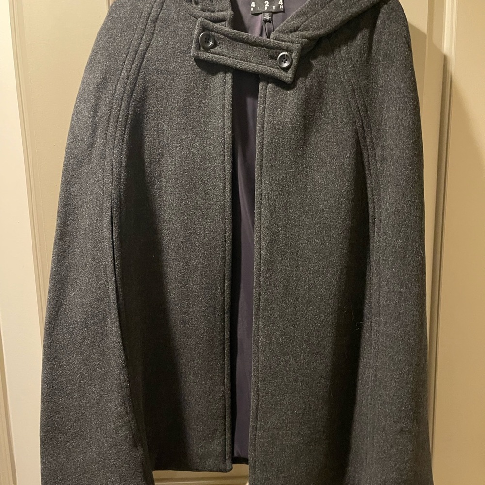 Elegant Gray Hooded Cape Coat